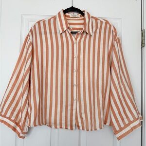 Lanhtropy Size L/XL • Orange Stripe Longsleeve Linen Blouse Designer.